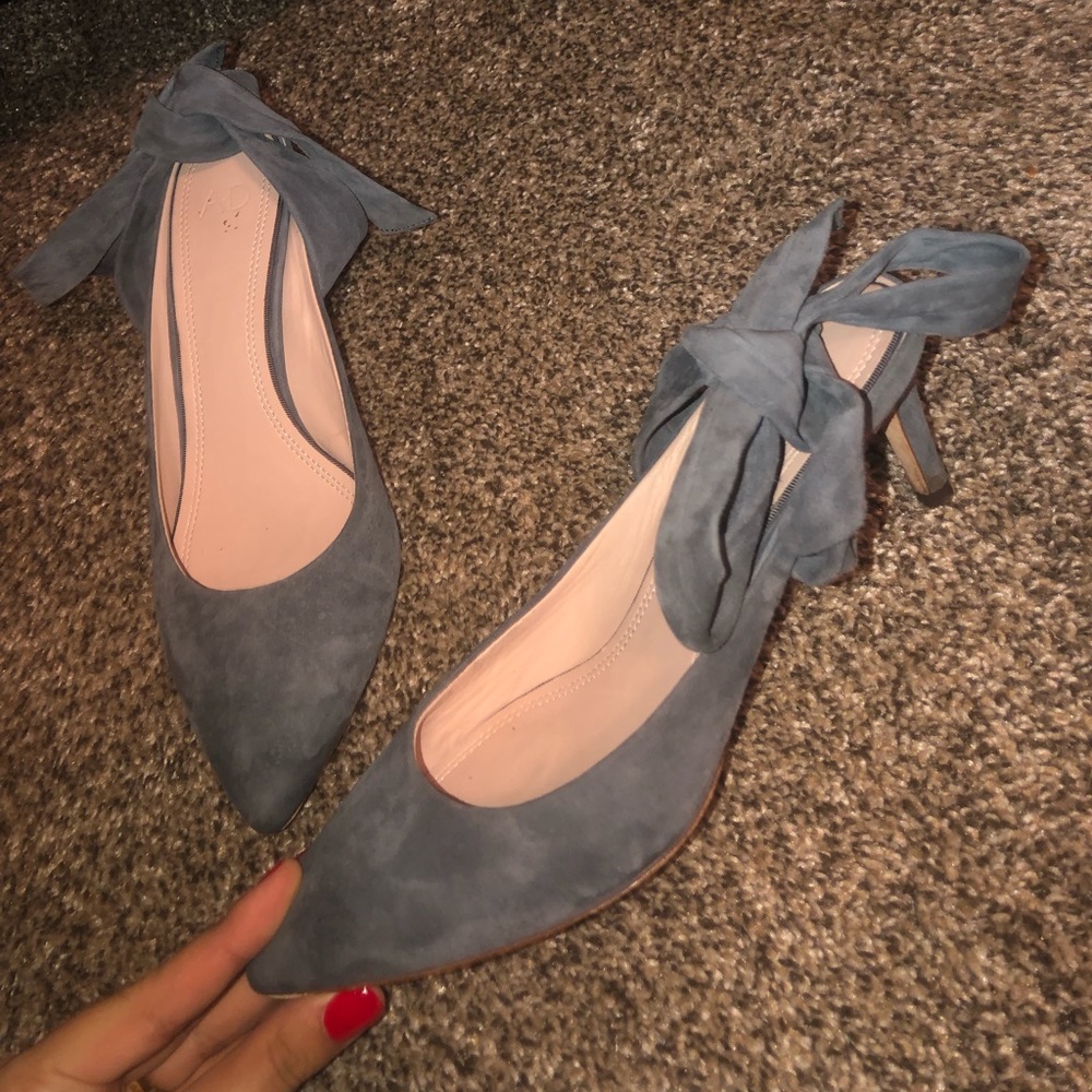 Suede grey one inch classy heels w/ ribbon for bow